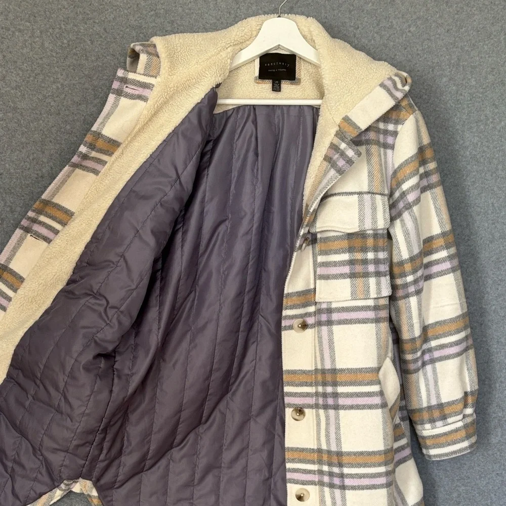 Anthropologie Hooded Plaid High Pile Fleece Lined Shirt Jacket L - Picture 4 of 12